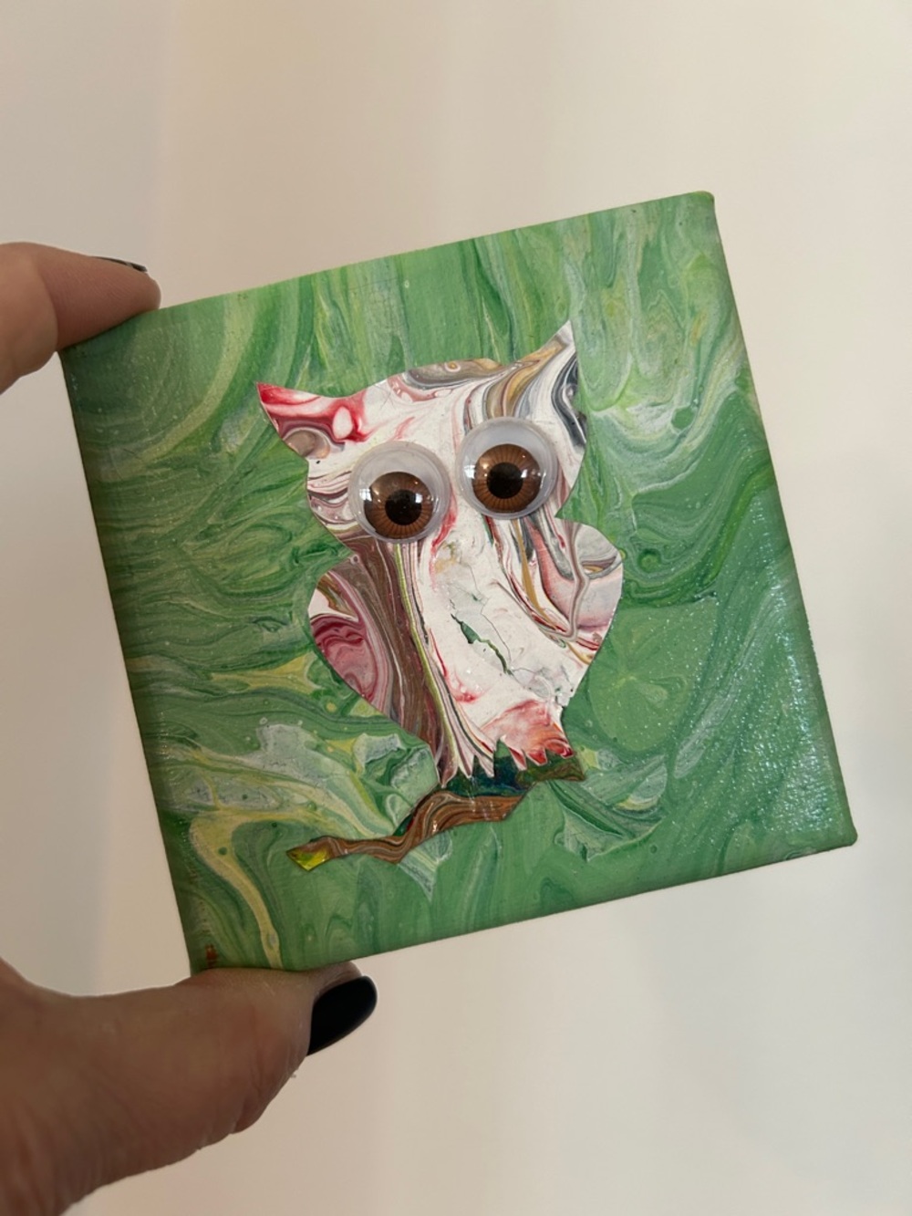 Marbled Owl Art - Green & Multicolor handmade 4”x4” mini canvas art Googley eyes